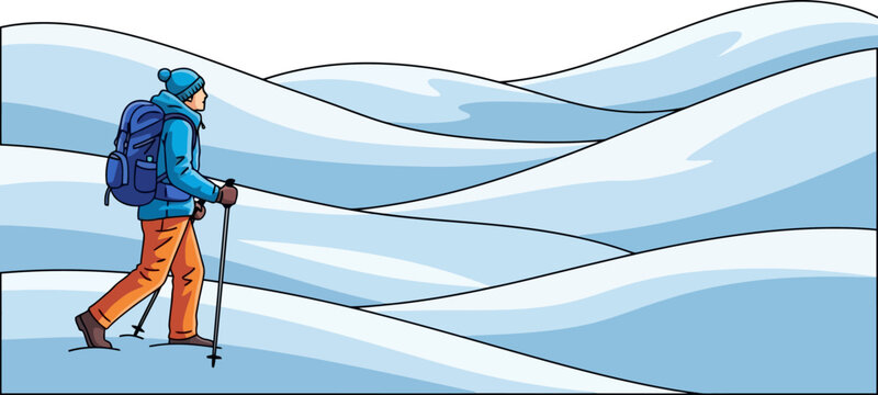 Resilient winter explorer trekking across undulating snow-covered hills with poles and a heavy pack in a clean vector landscape