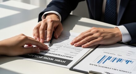 Business meeting signing documents with financial chart
