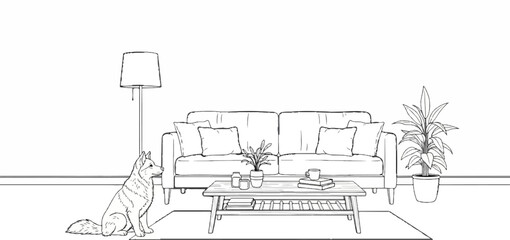 A dog sits on a rug before a couch with plants and a coffee table