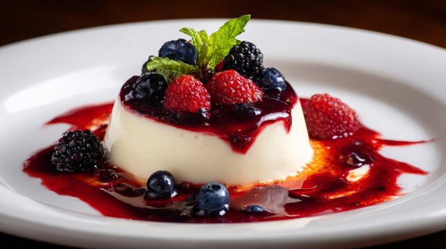 Creamy panna cotta with mixed berry sauce and mint
