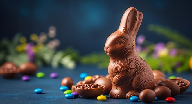 Chocolate easter bunny surrounded by colorful eggs and candy on a blue background with flowers