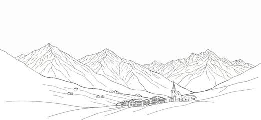 A village nestles in a valley surrounded by majestic, snow-capped mountains