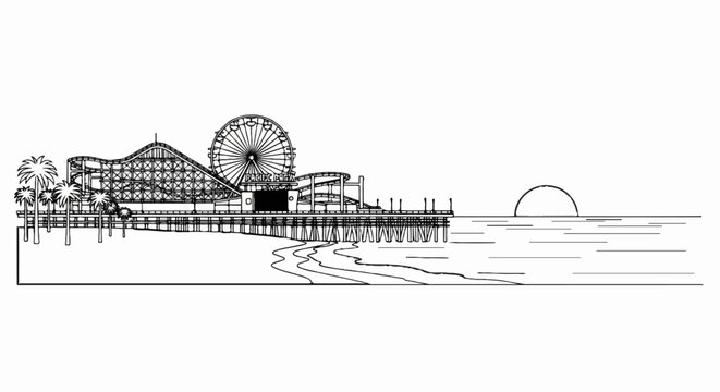 Beach pier with roller coaster, Ferris wheel, palm trees, and ocean sunset