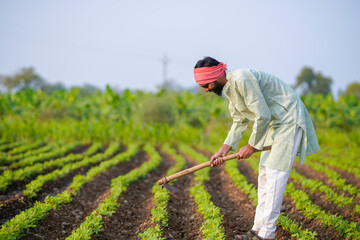young indian farmer holding farming tool standing at field