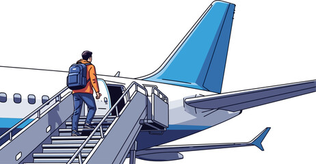 Anticipatory traveler ascending the boarding stairs of a commercial airplane ready to embark on a transformative global journey