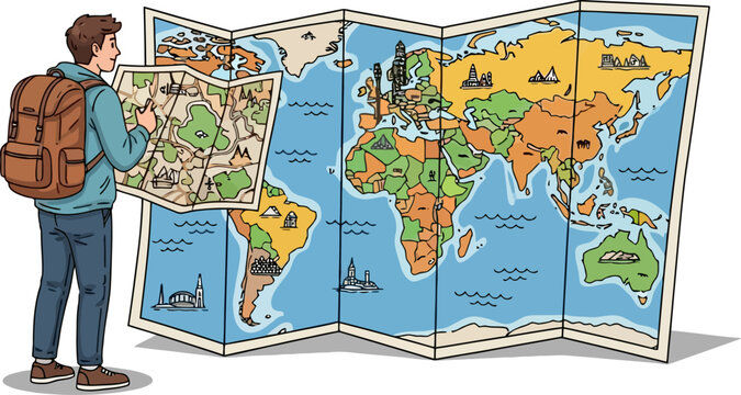 Ambitious navigator studying an immense world map to plan a complex international itinerary across multiple continents and oceans