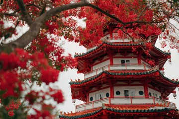A pagoda decorated with blooming red flowers on a white background.