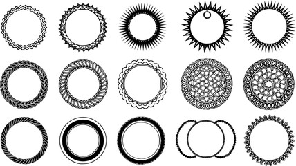 Set of Decorative Round Frames, Ornamental Circle Borders, Nautical Rope Patterns, Celtic Knot Mandalas, Floral Wreath Elements, Black Ink Vector Illustration  
