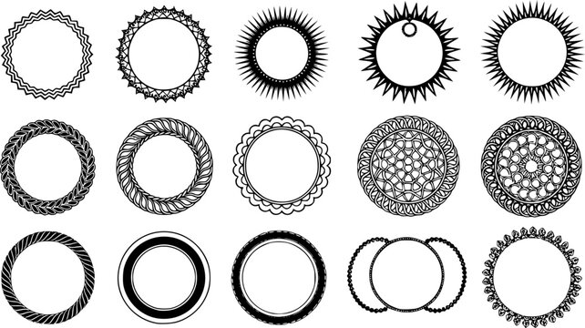 Set of Decorative Round Frames, Ornamental Circle Borders, Nautical Rope Patterns, Celtic Knot Mandalas, Floral Wreath Elements, Black Ink Vector Illustration  
