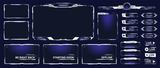 Game streaming frames. Stream twitch live screen, broadcast overlay video white panels gamer player streamer user interface hud menu cyber digital futuristic vector illustration © ssstocker