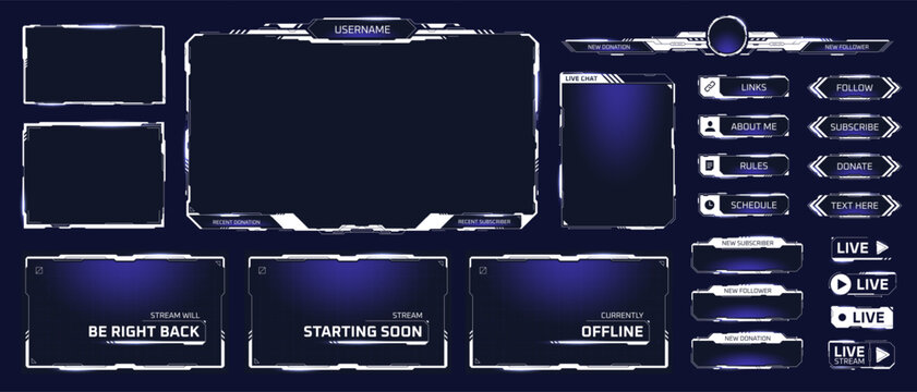 Game streaming frames. Stream twitch live screen, broadcast overlay video white panels gamer player streamer user interface hud menu cyber digital futuristic vector illustration