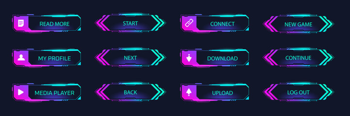 Hud buttons. Game menu button, futuristic tech ui interface screen panel menu bar digital border scifi technology hologram neon frame user select player cyber vector illustration © ssstocker