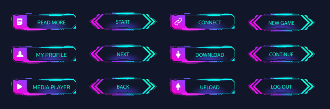 Hud buttons. Game menu button, futuristic tech ui interface screen panel menu bar digital border scifi technology hologram neon frame user select player cyber vector illustration