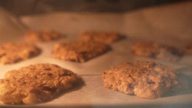 A tray of cookies is baking in an oven. The cookies are brown and appear to be oatmeal raisin