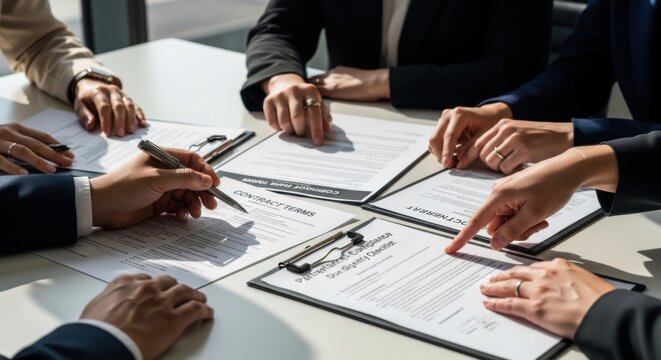 Business team reviewing contract terms and due diligence checklist