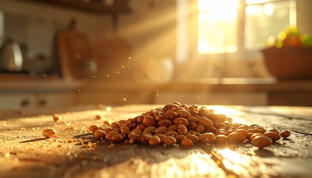 FlyPro Firefly: Small pile of desiccated brown beans on rough unvarnished surface, meager food source