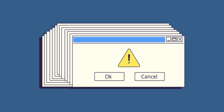 System window bug. Retro computer error message, reperat popup alert notification critical fail virus operating system defect code old pc desktop screen ui vector illustration