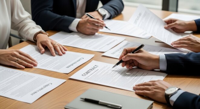 Business People Signing Contracts in Meeting