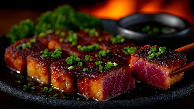 Seared tuna cubes with chives and soy dipping sauce