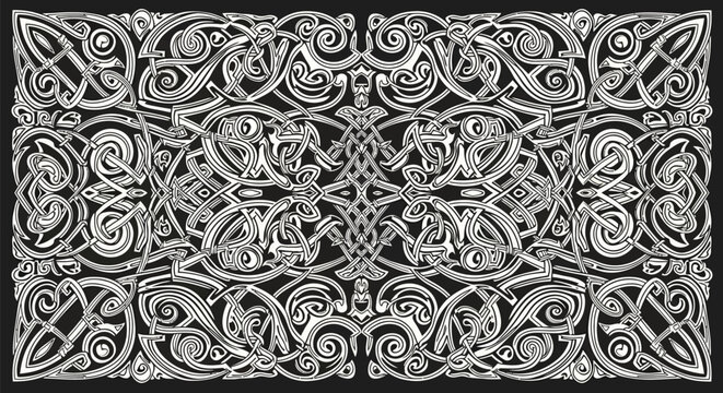 Intricate black and white Celtic knotwork pattern displaying complex interlacing lines and symmetrical historical ornamentation suitable for decorative borders and cultural designs