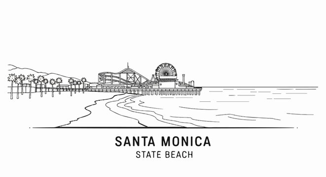 Sketch of a pier with a roller coaster and Ferris wheel on a beach