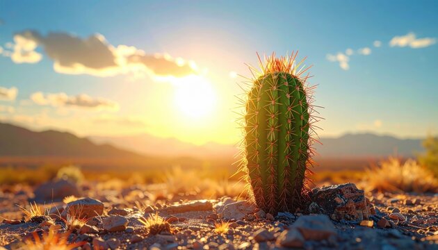 Isolated Desert Cactus, Thorny and Resilient, Surviving Harsh Conditions, Representing Enduring Hardship, Professional FlyPro Firefly Visual