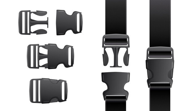 Realistic plastic buckle. Belt Quick fasteners, isolated safety clasp belts clip nylon strap fastex lanyard latch backpack travel luggage hiking rucksack, exact vector illustration