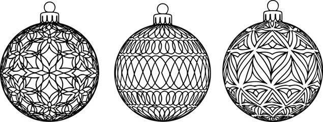 Three line art Christmas ornaments with intricate patterns
