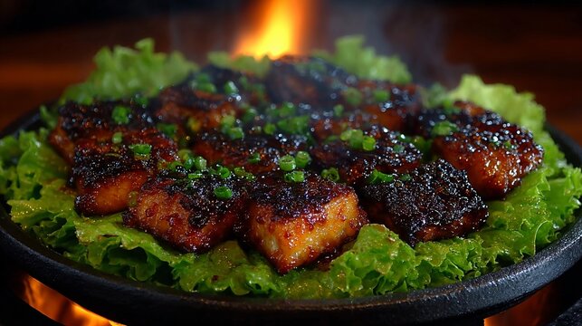 Grilled glazed pork belly bites on lettuce with chives