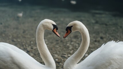Fototapeta premium Two swans forming a heart with necks by shoreline