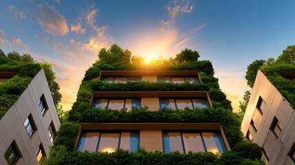 Green Buildings under Sunset: Captivating scene of eco-friendly buildings embraced by vibrant greenery, harmoniously merging nature and architecture, symbolizing sustainable urban design. 