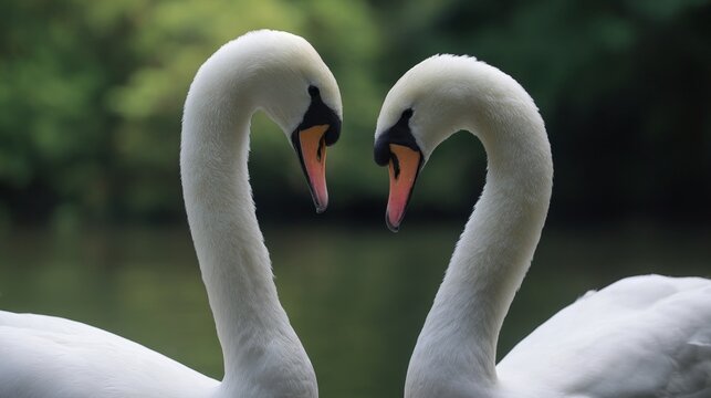 Two mute swans forming a heart with their necks by a lake
