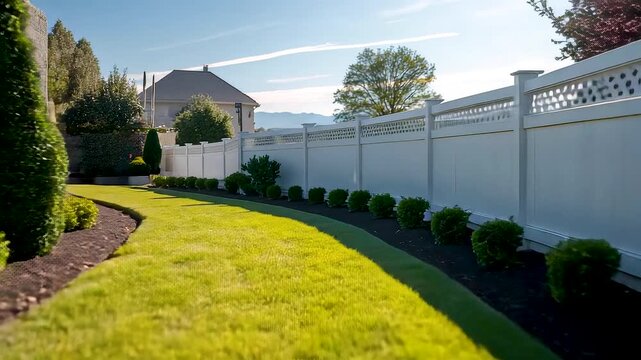 Well Maintained Green Lawn Along White Vinyl Privacy Fence in Suburban Backyard on Sunny Day