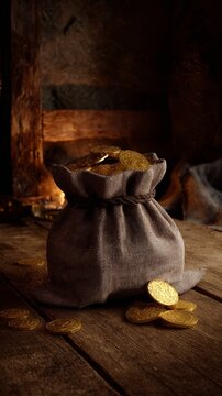 Small burlap sack of gold coins on wooden table, warm lighting