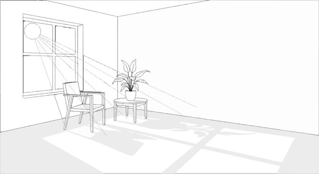 Sunlight streams through a window onto a chair, table, and plant
