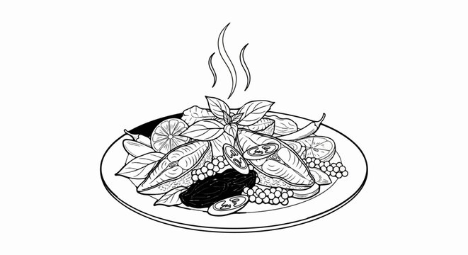 Hot serving of sliced fish, citrus, herbs, and berries on a plate