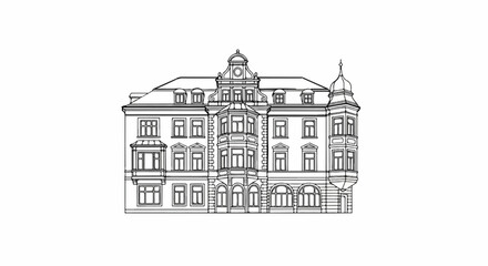 Obraz premium Detailed line drawing of an ornate, multi-story building with a central bay