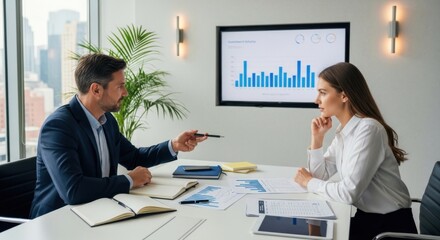 Fototapeta premium Business meeting with data analysis on screen