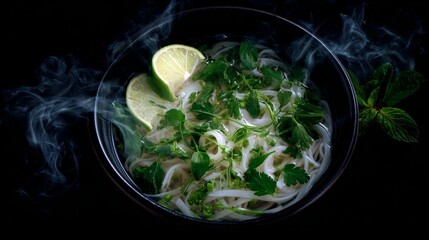 Obraz premium Steaming bowl of rice noodles with lime and fresh herbs