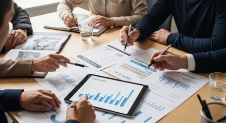 Business team analyzing financial reports and tablet data