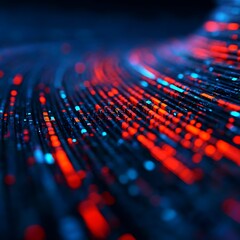 Obraz premium Close-up of glowing red and blue LED lights arranged in curved lines on a dark surface, creating a futuristic and abstract digital pattern.