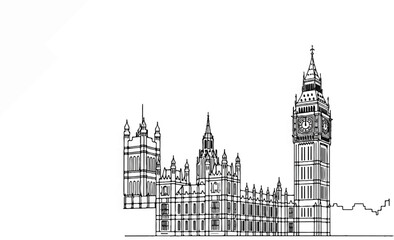 A line drawing depicts the iconic Big Ben and Parliament buildings against a white background