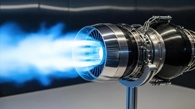 Advanced Jet Engine Turbine Exhausting Powerful Blue Flame and Smoke