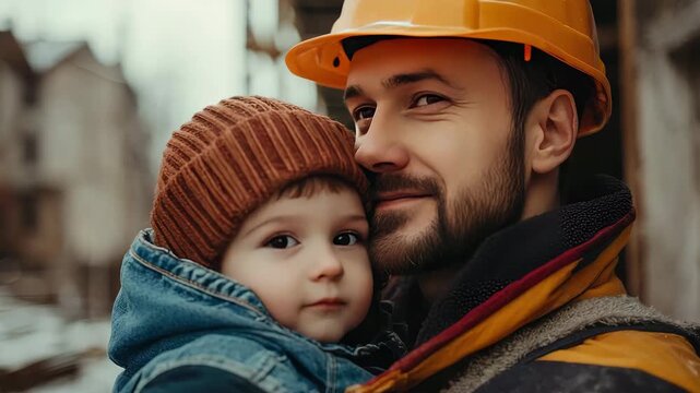 a male construction worker with a small son. Selective focus
