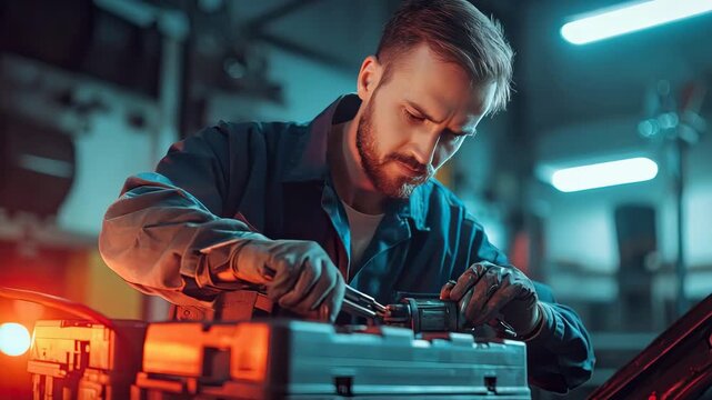 auto mechanic replaces the battery in the car. Selective focus