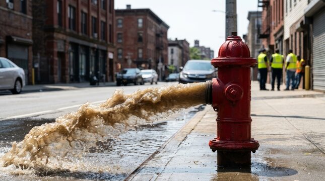 Fire hydrant flushing dirty water on city street
