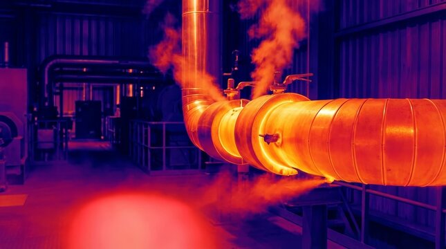 Thermal image of hot industrial steam pipes in an energy plant