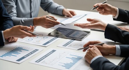 Business team analyzing financial reports and data