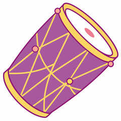 A flat, minimalist digital illustration of a traditional drum, likely an Indian Dhol or Dholak, shown from a tilted perspective.