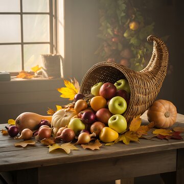 Abundant cornucopia overflows with autumn harvest bounty on rustic table.